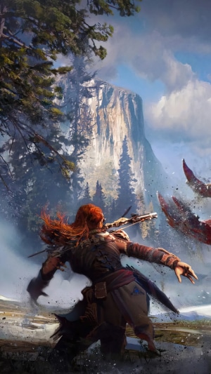 Aloy from Horizon Forbidden West in a snowy landscape