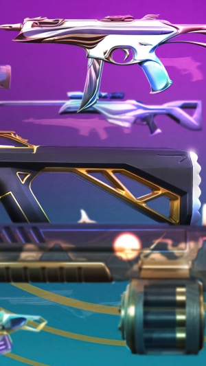 Valorant weapon skins with purple and blue background