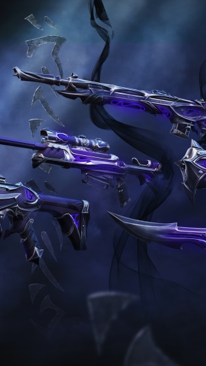 Valorant weapons with purple accents and dark smoke