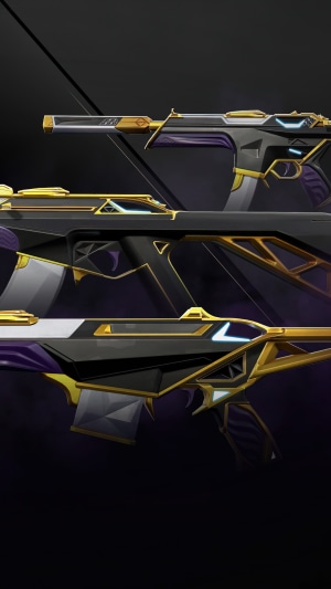 Valorant weapons with black, gold, and purple skins