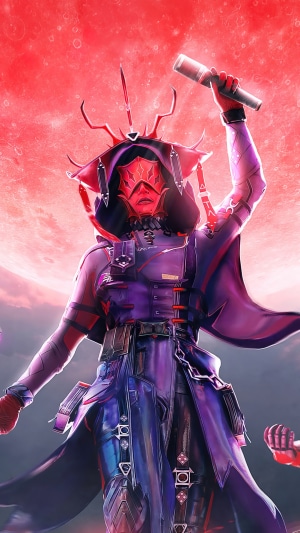 Character in elaborate costume holding a scroll against a red moon