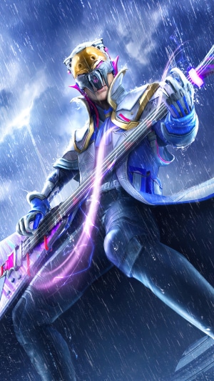 Player in futuristic armor playing a glowing guitar in the rain