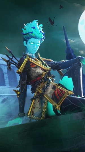 Character from PUBG Mobile with glowing eyes and blue hair