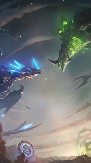Two dragons, one blue and one green, face each other in the sky.