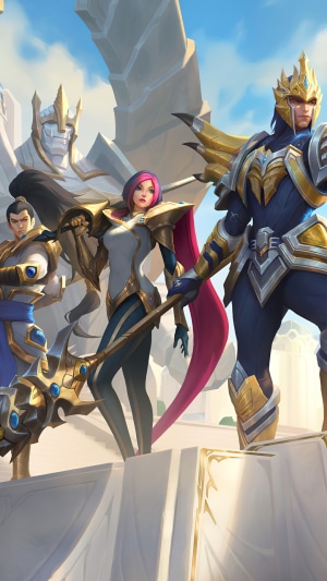 League of Legends characters Jarvan IV, Fiora, Xin Zhao, and Galio statue