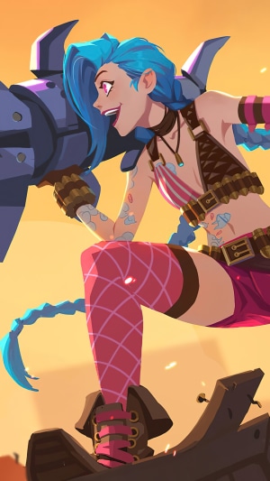 Jinx from League of Legends holding a large weapon