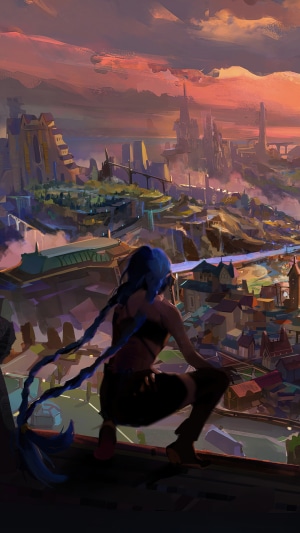 Jinx from League of Legends overlooking a city