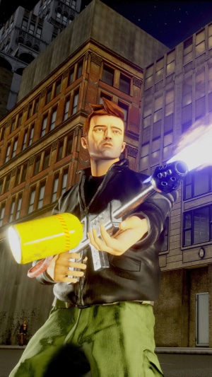 Claude from Grand Theft Auto III holding a weapon