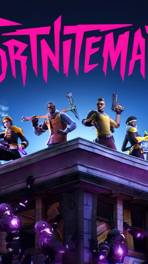 Fortnite characters on a rooftop with purple creatures
