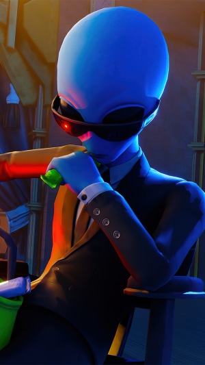 Alien from Fortnite wearing a suit and sunglasses