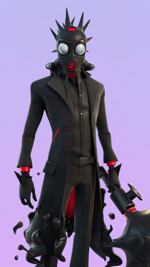 Fortnite character with black suit and gas mask