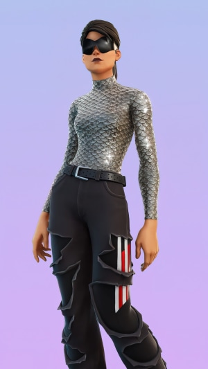 Fortnite character with silver scale top and ripped pants