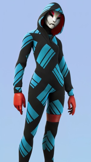 Fortnite character with mask and blue pattern suit
