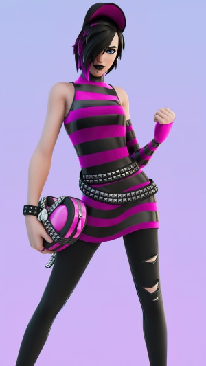 Fortnite character with pink and black striped outfit