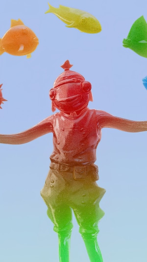 Fishstick from Fortnite surrounded by gummy fish