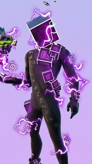 Fortnite character with purple energy and cubes