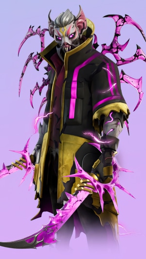 Fortnite character with bat-like features and purple energy