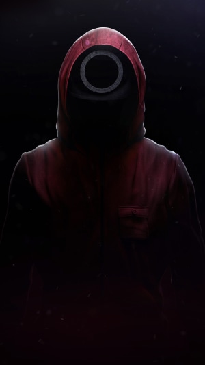 Squid Game masked guard in red hoodie