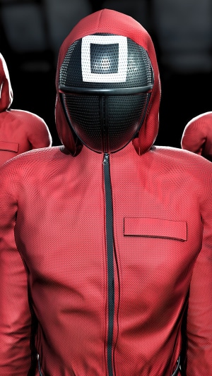 Squid Game guard in red jumpsuit and mask