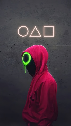 Squid Game character with neon mask and symbols