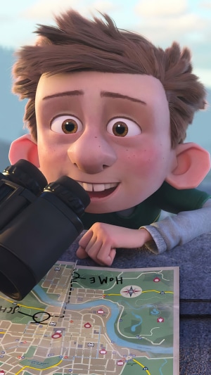 Barney from Ron's Gone Wrong with binoculars and map