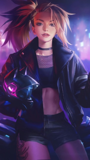 Akali from League of Legends holding a helmet