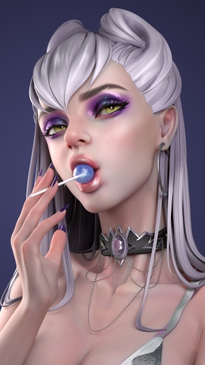 Evelynn from League of Legends with a lollipop