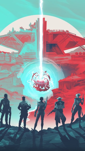 Valorant characters standing before a radiant energy portal