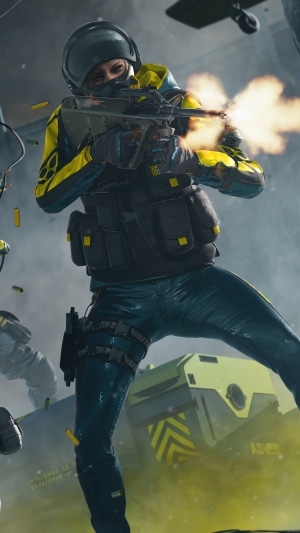 Rainbow Six Extraction character firing a weapon