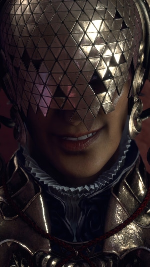 Woman in ornate golden mask and armor