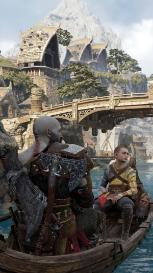 Kratos and Atreus in a boat from God of War Ragnarok
