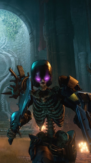Skeleton enemy with glowing purple eyes in Tiny Tina's Wonderlands