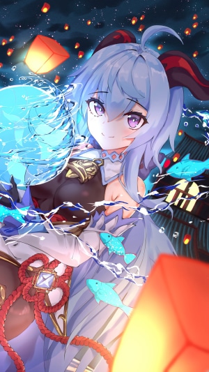 Ganyu from Genshin Impact with lanterns and fish