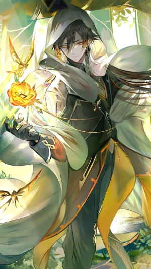 Zhongli from Genshin Impact holding a glowing flower