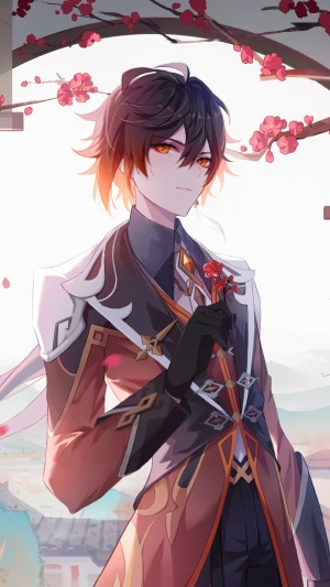 Zhongli from Genshin Impact holding a flower