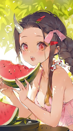 Nezuko Kamado from Demon Slayer eating watermelon