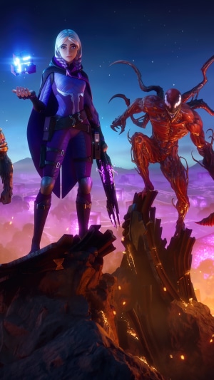 Fortnite characters including Carnage on a rocky landscape