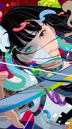 Girl with mask and colorful ribbons from Fortnite