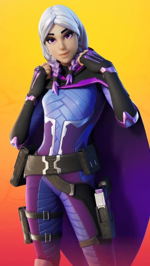 Fortnite character with purple and blue outfit