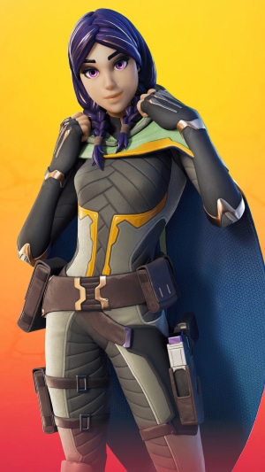 Fortnite character with purple hair and green cape