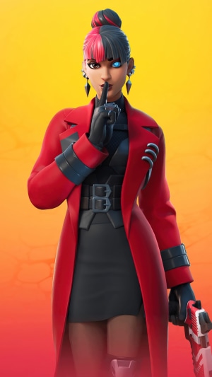 Fortnite character with red coat and black skirt