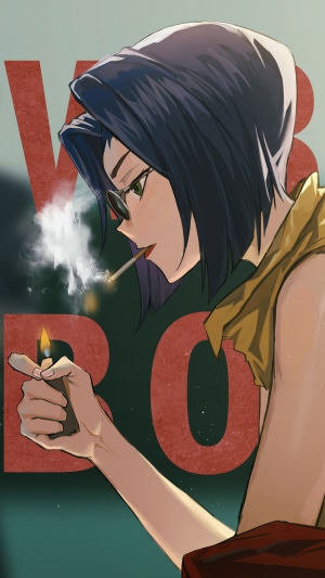 Faye Valentine from Cowboy Bebop lighting a cigarette