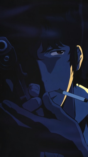 Spike Spiegel from Cowboy Bebop holding a gun and smoking