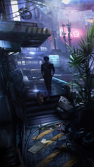 Spike Spiegel and Ein from Cowboy Bebop in a futuristic city