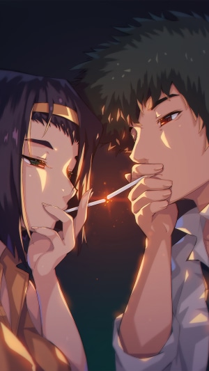 Spike Spiegel and Faye Valentine from Cowboy Bebop lighting a cigarette