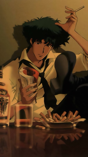 Spike Spiegel from Cowboy Bebop smoking and drinking