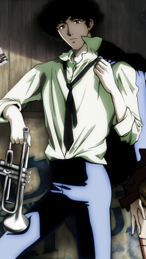 Spike Spiegel from Cowboy Bebop holding a trumpet