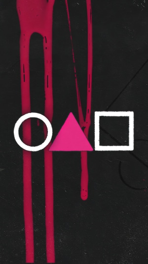 Squid Game symbols on black background with red drips