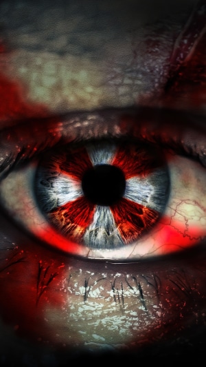 Close-up of an eye with a red and white pattern in the iris