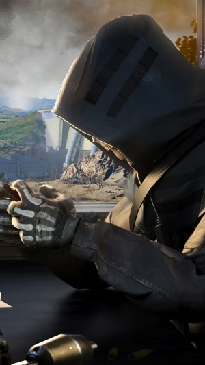 Call of Duty Mobile character with a dam in the background